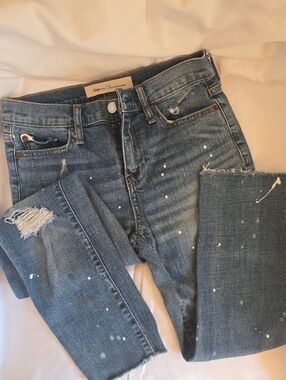 GAP Women's Straight Leg Blue Distressed Jeans with Paint Splatter
